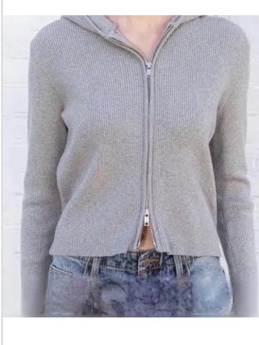 John Galt / Brandy Melville Women’s Gray Ribbed Zip-Front Sweater Hoodie